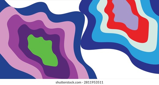 A trendy, high-contrast, and eye-catching vector background featuring two distinct abstract fluid wave formations on a clean white backdrop. The left side showcases smooth concentric layers of dark blue, pastel pink, rich magenta, and deep purple surrounding a bright lime green center, while the right side features a contrasting organic flow of dark blue, bright cyan, pale mint, fiery red, and lavender. This versatile graphic beautifully visualizes topographic map contours, retro 70s psychedelic waves, liquid art aesthetics, and creative modern branding textures. It is perfectly tailored for unique website banners, social media marketing headers, presentation slides, artistic book cover designs, and contemporary vector infographics