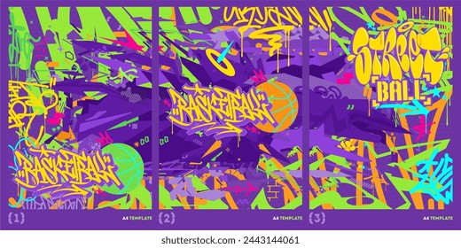 Trendy Hip Hop Urban Street Art Graffiti Style Basketball Vector Illustration A4 Poster Template