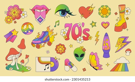 Trendy hippie stickers, retro 70s disco fashion aesthetic elements, ufo and roller skates. Cartoon groovy design element, vintage vinyl record, rainbow peace sign, psychedelic mushroom vector set