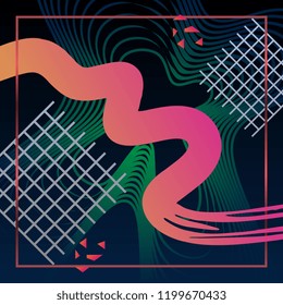 Trendy hipster abstract background vector with geometric colorful. Combination fluid and geometrical memphis halftone with gradient and frame.