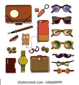 Trendy hipster accesories set with colorful glasses device cases cufflinks flash drive clock pen bow ties headphone isolated vector illustration