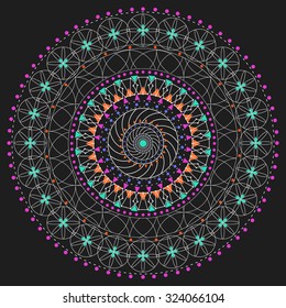 Trendy hipster colored circle, bright philosophical symbol, circular elements that are a religious, Aztec and African symbol.