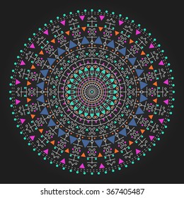Trendy hipster colored circle, bright philosophical symbol, circular elements that are a religious, Aztec and African tattoo symbol. Philosophy, spirituality, occultism symbol, Trendy hipster circle.