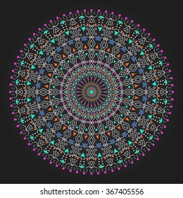 Trendy hipster colored circle, bright philosophical symbol, circular elements that are a religious, Aztec and African tattoo symbol. Philosophy, spirituality, occultism symbol, Trendy hipster circle.