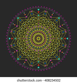 Trendy hipster colored circle, bright philosophical symbol, circular elements that are a religious, Aztec and African tattoo symbol, sacred geometry. Philosophy, spirituality, occultism symbol.