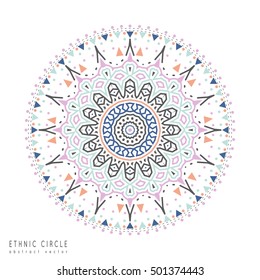 Trendy hipster colored circle, bright philosophical symbol, circular elements that are a religious, Aztec and African tattoo symbol, sacred geometry. Trendy hipster circle.