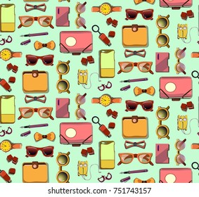 Trendy hipster elements seamless pattern with fashionable accessories and items on light green background vector illustration