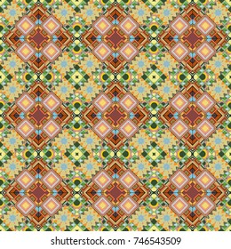 Trendy hipster geometry. Modern stylish texture with green, brown and beige tiles. Vector seamless pattern. Simple graphic design. Repeating geometric tile pattern.