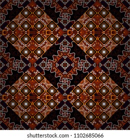 Trendy hipster geometry. Repeating geometric tile pattern. Modern stylish texture with orange, black and brown tiles. Simple graphic design. Vector seamless pattern.
