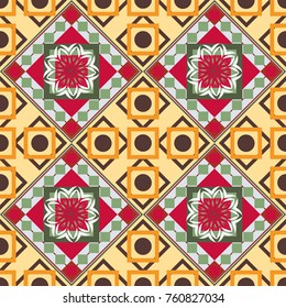 Trendy hipster geometry. Simple graphic design. Repeating geometric tile pattern. Modern stylish texture with yellow, neutral and red tiles. Vector seamless pattern.