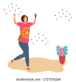 
Trendy hipster with girl blogger phone events on a colorful background for lifestyle design. woman blesses party events on her blog. Digital communication. Cartoon vector flat illustration.