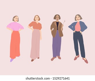 Trendy hipster girl. Cartoon female character flat figures. Cool fashion woman. Pretty design. 