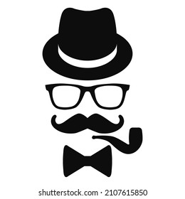 Trendy hipster man with whiskers and pipe vector retro fashion icon isolated on white background