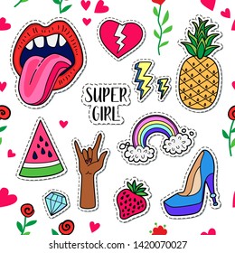 Trendy hipster pattern background with feminism elements. Vector girl power seamless with icon. Feminist movement - abstract background for prints, t-shirts, cards