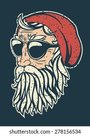 Trendy hipster Santa Claus vector illustration. Santa's head half turned simple comic heavy contour style drawing. Stylish beard and sunglasses.