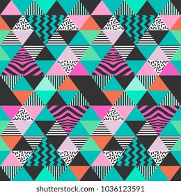 Trendy hipster seamless Memphis triangle colorful vector illustration background.