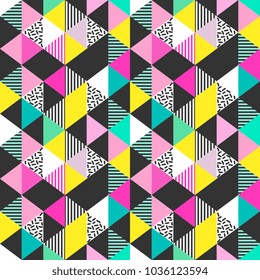 Trendy hipster seamless Memphis triangle colorful vector illustration background.