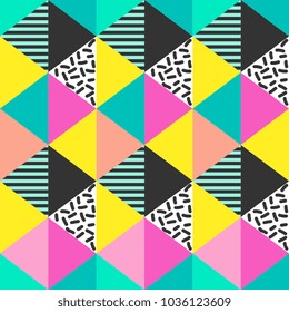 Trendy hipster seamless Memphis triangle colorful vector illustration background.