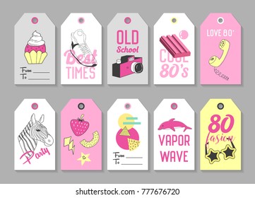 Trendy Hipster Tags with Retro Fashion Elements. Hand Drawn Vintage Labels. 80s 90s Design. Vector illustration