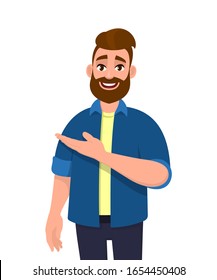 Trendy hipster young man pointing hand to copy space. Stylish bearded person showing or presenting hand gesture sign towards side. Male character introducing something. Vector illustration in cartoon.