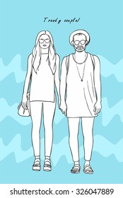 trendy hipsters couple holding hands in blue