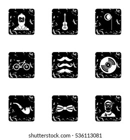 Trendy hipsters icons set. Grunge illustration of 9 trendy hipsters vector icons for web