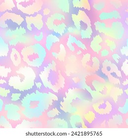 Trendy holographic Leopard seamless pattern. Vector pastel rainbow wild animal cheetah skin, gradient leo texture, neon spots on iridescent pink background for fashion print design, wallpaper, decor.