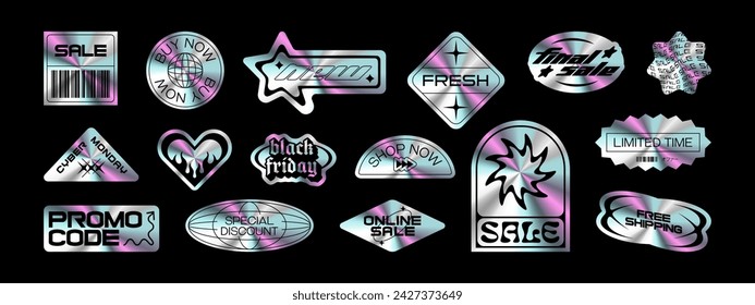 Trendy holographic sale sticker set. Retro Y2K business discount text quote label collection. Iridescent metallic texture tag with love heart, web promotion message. Futuristic online offer bundle.	