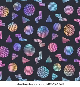 Trendy holographic seamless pattern with colorful doodle striped geometric shapes. Abstract fashion vector texture with hand drawn elements for textile, wrapping paper, surface, background, wallpaper