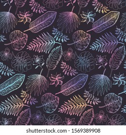 Trendy holographic seamless pattern with outline colorful tropical leaves and flowers on black background. Galaxy exotic plants texture for textile, wrapping paper, surface, wallpaper, background