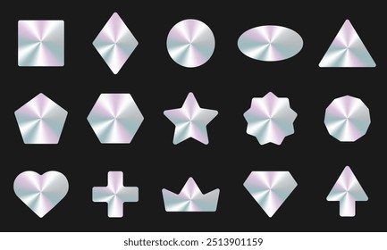 Trendy holographic sticker set in different shapes. Empty hologram iridescent shiny labels for product guarantee, quality. Vector illustration.