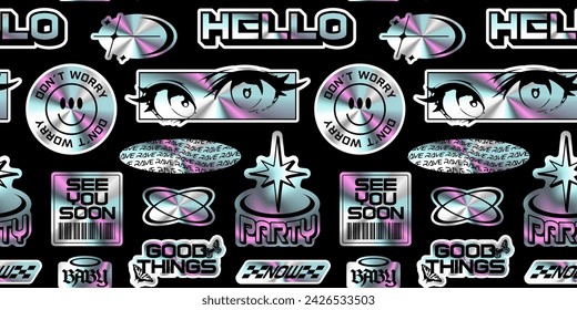 Trendy holographic Y2K sticker seamless pattern. Retro 2000s text quote label background. Iridescent metallic wallpaper with love heart, anime  cartoon and party message. Gen z cyber style print.