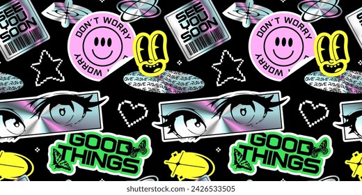 Trendy holographic Y2K sticker seamless pattern. Retro 2000s text quote label background. Iridescent metallic wallpaper with love heart, anime  cartoon and party message. Gen z cyber style print.