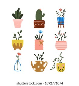 Trendy home decor elements with hygge house indoor potted plants leaves and flowers pot cute draw doodle vector illustration.