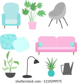 Trendy home decor elements   with plants,  tropical leaves. 