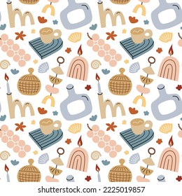 Trendy home decor, hand drawn seamless pattern, colored ornament of doodle donut vases, bubble candles icons, vector illustrations of home accessories on white background, scandi and boho interior