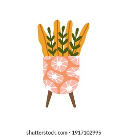 Trendy home decor Hygge hand drawn houseplant in flowerpot potted plants illustration.