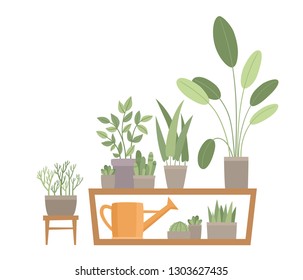 Trendy home decor with plants in pots, standing on shelf. Vector flat design of urban jungle used for magazine, book, poster, website, banner, brochure.