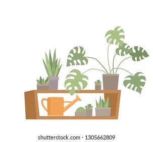 Trendy home decor with plants in pots, standing on shelf. Vector flat design of urban jungle used for magazine, book, poster, website, banner, brochure.