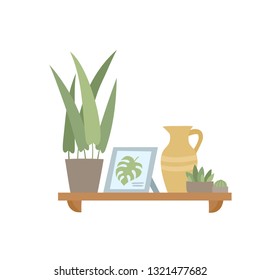 Trendy home decor with plants in pots, standing on shelf. Vector flat design of urban jungle used for magazine, book, poster, website, banner, brochure.