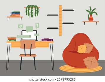 Diseño de moda de la oficina en el hogar con una silla del bolso del frijol, escritorio, plantas decorativas, y Ilustración vectorial acogedora de la atmósfera