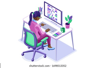 Trendy homes studio at girl home. Work on trendy computer in a young space working with style on laptop. Concept of working, girl in isolation at home. Cartoon character, vector illustration concepts