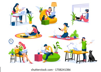 Trendy homes studio at woman home. Work on trendy computer in a young space working with style on laptop. Concept of working, woman isolation at home. Cartoon character on vector illustration concepts