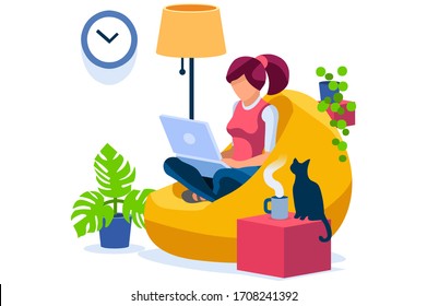 Trendy homes studio at woman home. Work on trendy computer in a young space working with style on laptop. Concept of working, woman isolation at home. Cartoon character on vector illustration concepts