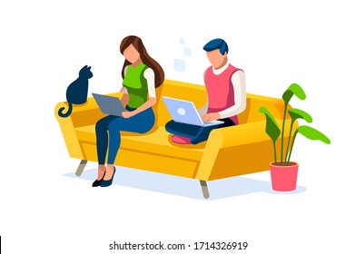 Trendy homes studio at woman home. Work on trendy computer in a young space working with style on laptop. Concept of working, woman in isolation at home. Cartoon character vector illustration concepts