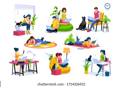 Trendy homes studio at woman home. Work on trendy computer in a young space working with style on laptop. Concept of working, woman in isolation at home. Cartoon character vector illustration concepts