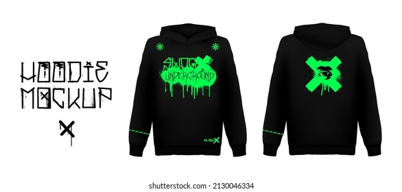 Trendy hoodie with Acid paint print and graffiti lettering and grunge. T-shirt, merch, apparel and typographic concept. Traces of paint that flows down and street tags. Mockup hoodie, t-shirt. Vector	