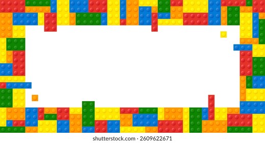 Trendy horizontal background made of plastic parts. Colorful bricks frame with empty space. Toy blocks composition
