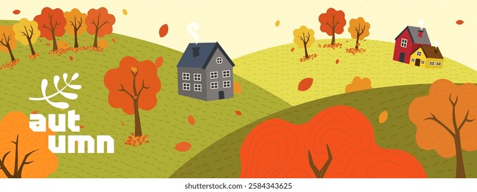 Trendy horizontal banner showcasing rural scene with yellow leaves, grassy fields and distant hills. Blending nature and artistry in fall season theme. Countryside and nature morning typography flyer