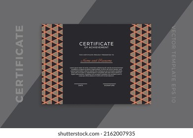 Trendy horizontal certificate of appreciation dark template with geometric pattern. Modern business diploma mockup for graduation or course completion. Vector background EPS 10